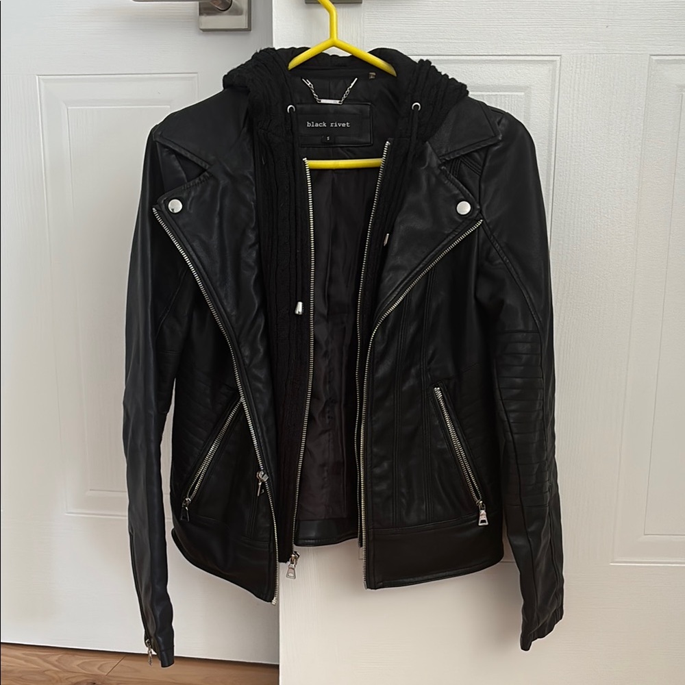 Black Rivet Women's Black Leather Jacket with detachable knit hood